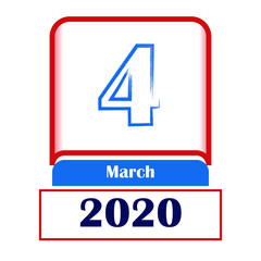 4 March 2020. Vector flat daily calendar. Date, month.	