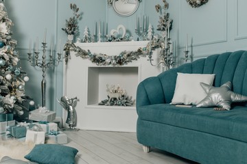 Interior room decorated in Christmas style. No people. Neutral or pastel colors. Home comfort of modern home. A series of photos