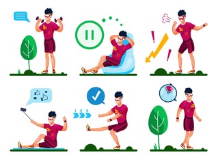 Young Sportsman, Male Athlete Hawing Workout with Dumbbells, Doing Fitness Exercises Outdoors, Tired After Training, Relaxing in Chair, Shooting Selfie Trendy Flat Vector Character Illustrations Set