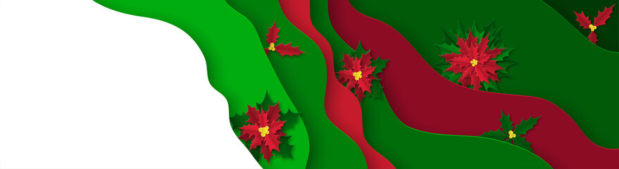 Horizontal banner with red poinsettia. Design for advertising and social networks. Place for text. Paper cut green background.