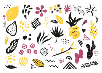 Big set of hand drawn textured elements, symbols.