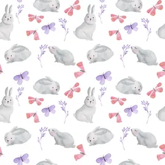 Wallpaper murals Rabbit Watercolor seamless pattern with hares, butterflies and twigs of plants