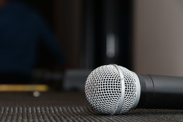 Microphone. Microphone on stage.  Wireless sound equipment.Selective focus