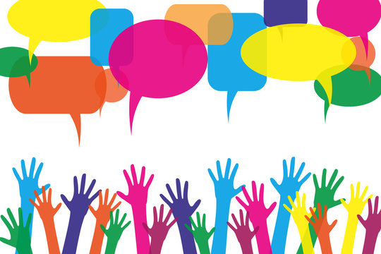 bunte Arme hochgestreckt sprechblasen