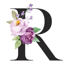 Letter r, floral alphabet with watercolor flowers and leaf. Monogram initials perfectly for wedding invitations, greeting card, logo, poster and other. Holiday design hand painting.
