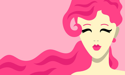 Portrait of a beautiful girl with wavy pink hair (ponytail) and eyes closed on a pink background, vector graphics, vector illustration