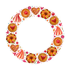 Watercolor round frame with cookies and decor elements on the white background. Bright cartoon concept for invitations, posters, greeting cards and other designs.