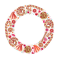 Watercolor round frame with lollipops, bonbons and hearts on the white background. Bright cartoon concept for invitations, posters, greeting cards and other designs.