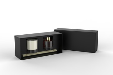 Obraz premium Blank Reed Diffuser Gift Set Boxed Aroma Rattan Stick Fragrance Scent Perfume For Template. 3d render illustration.