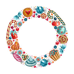 Watercolor round frame with cookies, lollipops, confectionery and decor elements on the white background. Bright cartoon concept for invitations, posters, greeting cards and other designs.
