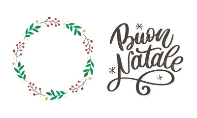 Buon Natale. Merry Christmas Calligraphy Template in Italian. Greeting Card Black Typography on White Background. Vector Illustration Hand Drawn Lettering.
