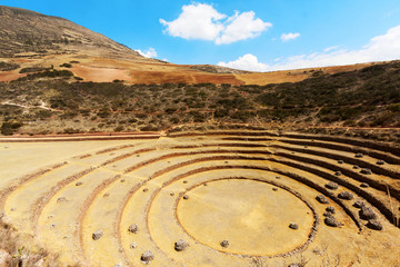 Inca terraces of Moray, Peru. They were used for agricultural experiments. Each level has its own microclimate. Moray is an archaeological site near the Sacred Valley in Peru.