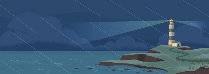 Selbstklebende Fototapeten Nachtblau Leuchtturm an der Küste in der regnerischen Nacht flache Vektorgrafiken. Insel Pharos, Seelandschaft, Signalgebäude am Meer. Küstenlandschaft mit Leuchtfeuer. Navigationshilfeturm am Horizont.  © Good Studio