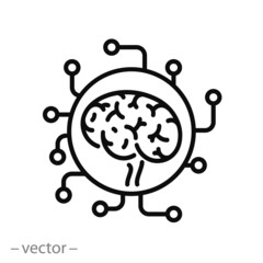artificial Intelligence icon, brain ai tech,  intelligent technology, logo circuit board, microchip, thin line web symbol on white background - editable stroke vector illustration eps10