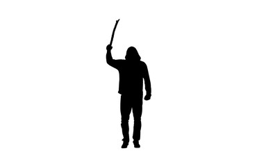 Shape of man with stick in hands. Protesting against unfair politics. Isolated on black background.