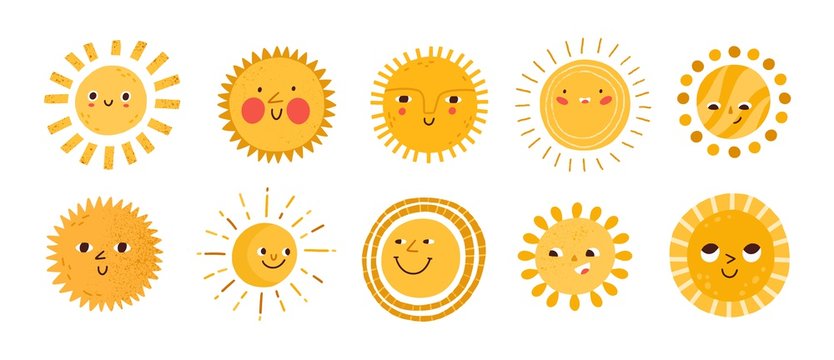 Naklejka Cute sun flat vector illustrations set. Yellow childish sunny emoticons collection. Smiling sun with sunbeams cartoon character isolated on white background. T shirt print design element.