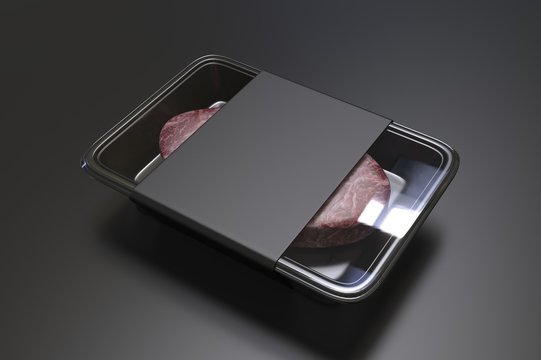 Meat food tray with blank paper label, 3d render illustration.