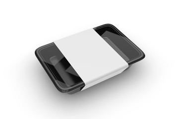 Meat food tray with blank paper label, 3d render illustration.