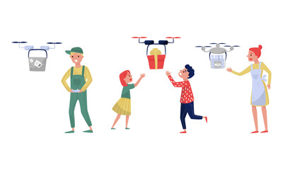 People Characters Shopping and Purchases Express Delivery in City Vector Illustrations Set