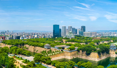 Aerial view of Castle Park in Osaka, Japan with modern skyscrapers