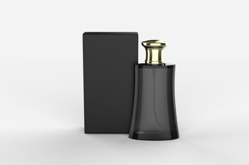 Blank perfume bottle and box for branding. 3d render illustration.