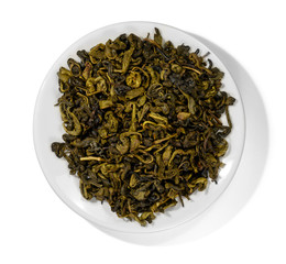 Green tea top view on white background