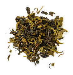 Green tea top view on white background