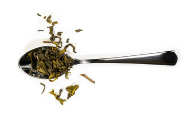 Green tea top view on white background