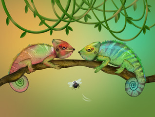 two chameleons on the branch