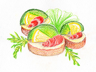 Sandwich with cheese, fish, lemon and avocado. pencil drawing
