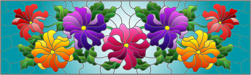 Illustration in stained glass style with floral arrangement of flowers, colorful flowers and leaves on a blue background