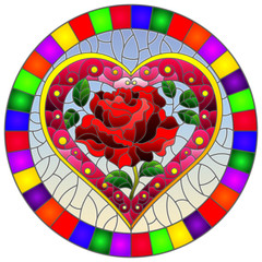 Illustration in stained glass style with bright pink heart and red rose flower on blue background, oval image in bright frame