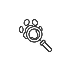 Investigation line icon. linear style sign for mobile concept and web design. Paw print and magnifying glass outline vector icon. Zoology symbol, logo illustration. Vector graphics