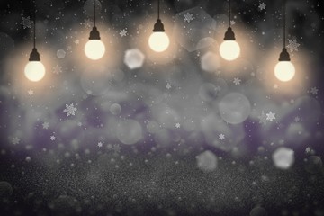 Fototapeta na wymiar purple pretty shiny glitter lights defocused bokeh abstract background with light bulbs and falling snow flakes fly, festival mockup texture with blank space for your content