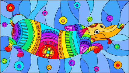 Illustration in stained glass style with abstract rainbow Dachshund dog on blue background