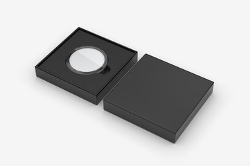 Blank proof coin in plastic case and paper box. 3d render illustration.