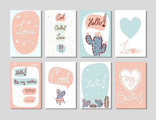 Love and cacti. Set of handwritten text layouts for greeting card, invitation, party, children s holiday, valentine s day. Flat cartoon vector