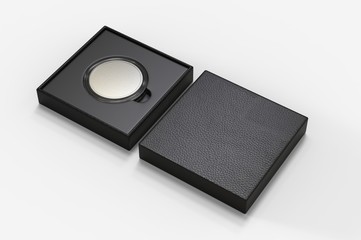 Blank proof coin in plastic case and paper box. 3d render illustration.