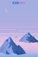 Beautiful sunrise or sunset snow winter mountain landscape with moon or sun. Vector concept for weather app. Nature scenery background vector illustration