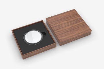 Blank proof coin in plastic case and paper box. 3d render illustration.