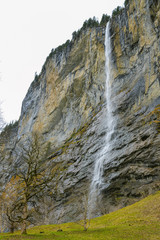 Majestic Staubbach waterfall in small village of Lauterbrunnen in Bernese Alps