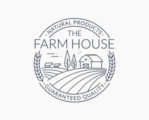 Farm emblem with farmhouse, wheat ear and cows. - obrazy, fototapety, plakaty