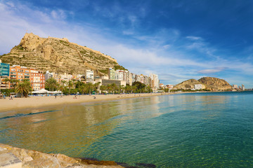 Alicante city and El Postiguet Beach, Costa Blanca, Spain