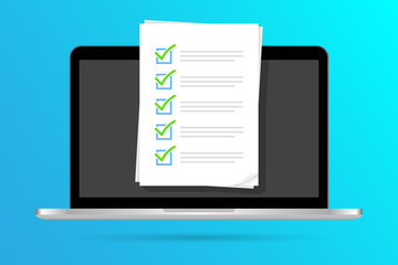 Checklist document on laptop vector illustration. flat cartoon computer with paper checklist and to do list with checkboxes, concept of survey. online quiz, completed things or done test, feedback - obrazy, fototapety, plakaty