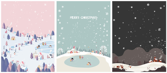 set of winter season postcard,mountain small village with snowflake,deer,snowman and church in pastel pink,mint green and night  scene.Concept of happy winter.Merry Christmas.