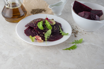 Beetroot carpaccio, a healthy food concept. A beautiful salad.Copy space.