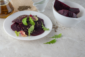Beetroot carpaccio, a healthy food concept. A beautiful salad.Copy space.