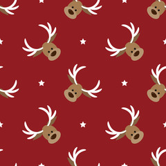 Cute reindeer head with star on red background.