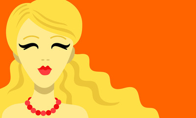 Portrait of a beautiful blonde girl with wavy hair, closed eyes, red lips and beads, blue background, vector graphics, vector illustration