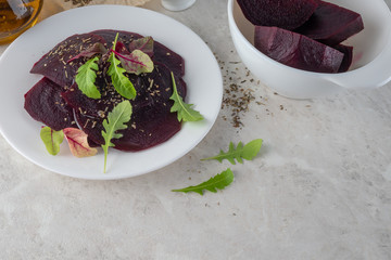 Beetroot carpaccio, a healthy food concept. A beautiful salad.Copy space.